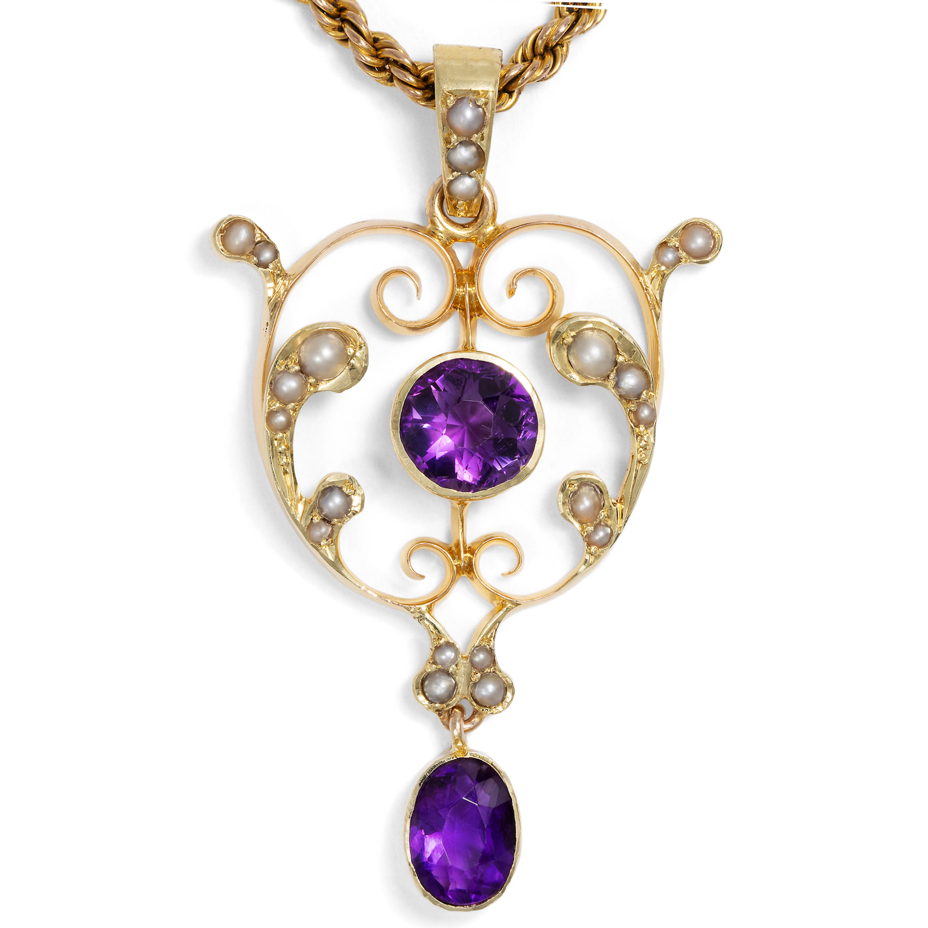 Antique Pendant with Amethysts & Pearls in Gold, Great Britain, c. 1910