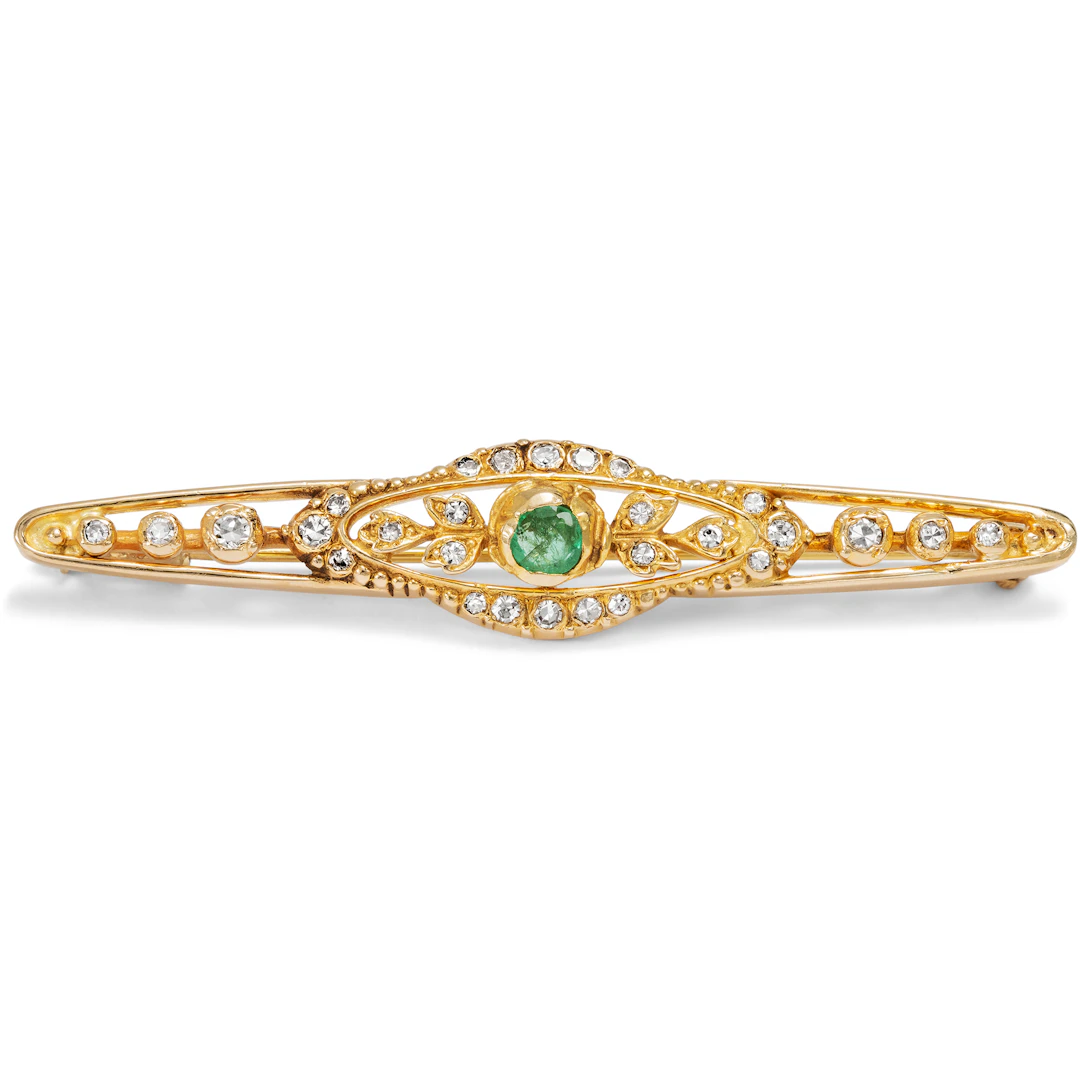 Opulent Antique Revival Brooch with Emerald and Diamonds in Gold, c. 1980s