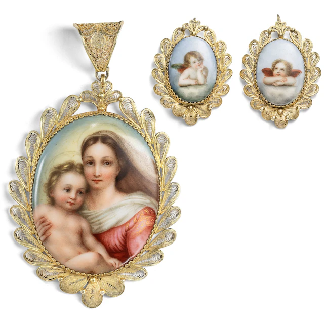 Antique Demi-Parure with Enamel Plaques of the Sistine Madonna, c. 1870