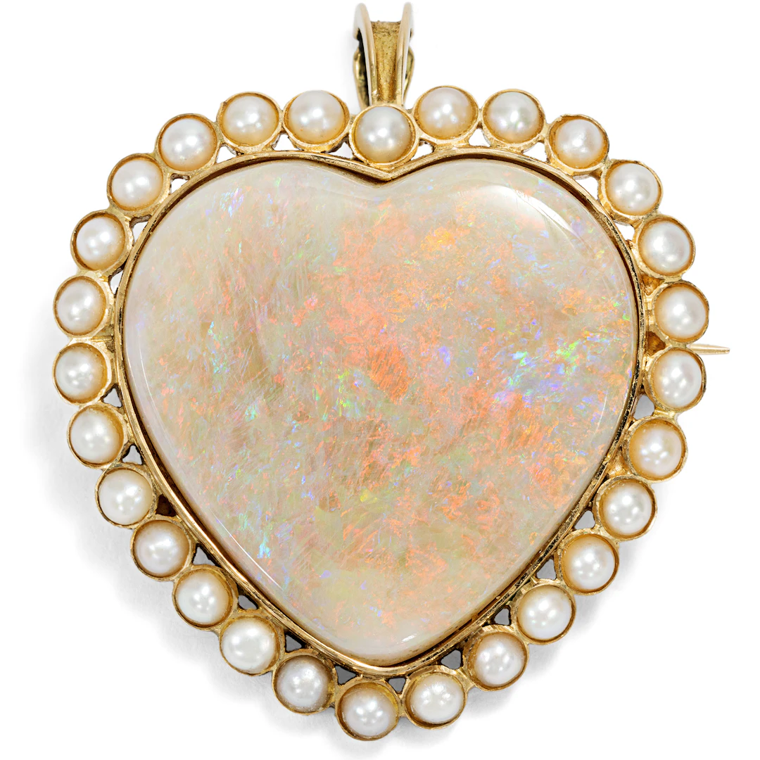 Vintage Gold Pendant Brooch with Large Full Opal & Pearls, USA c. 1985