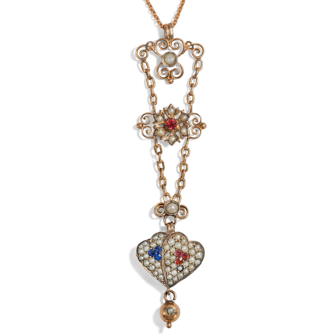 Romantic Antique Pendant With Pearls & Glass Pastes in Gold, c. 1890