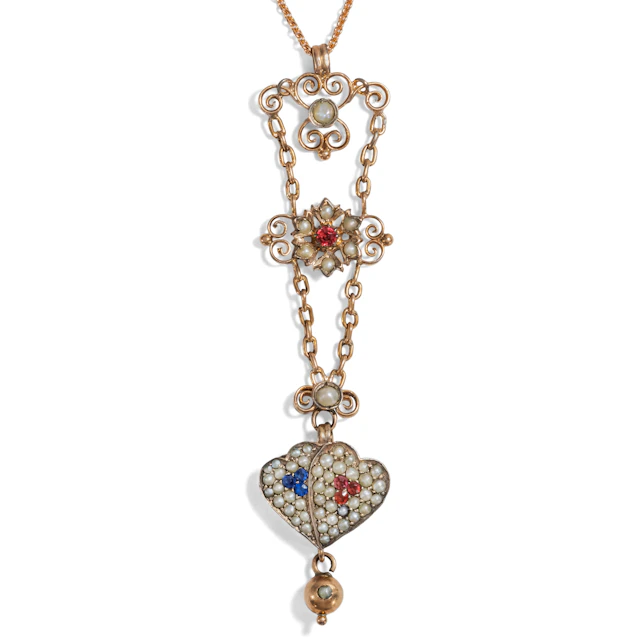 Romantic Antique Pendant With Pearls & Glass Pastes in Gold, c. 1890