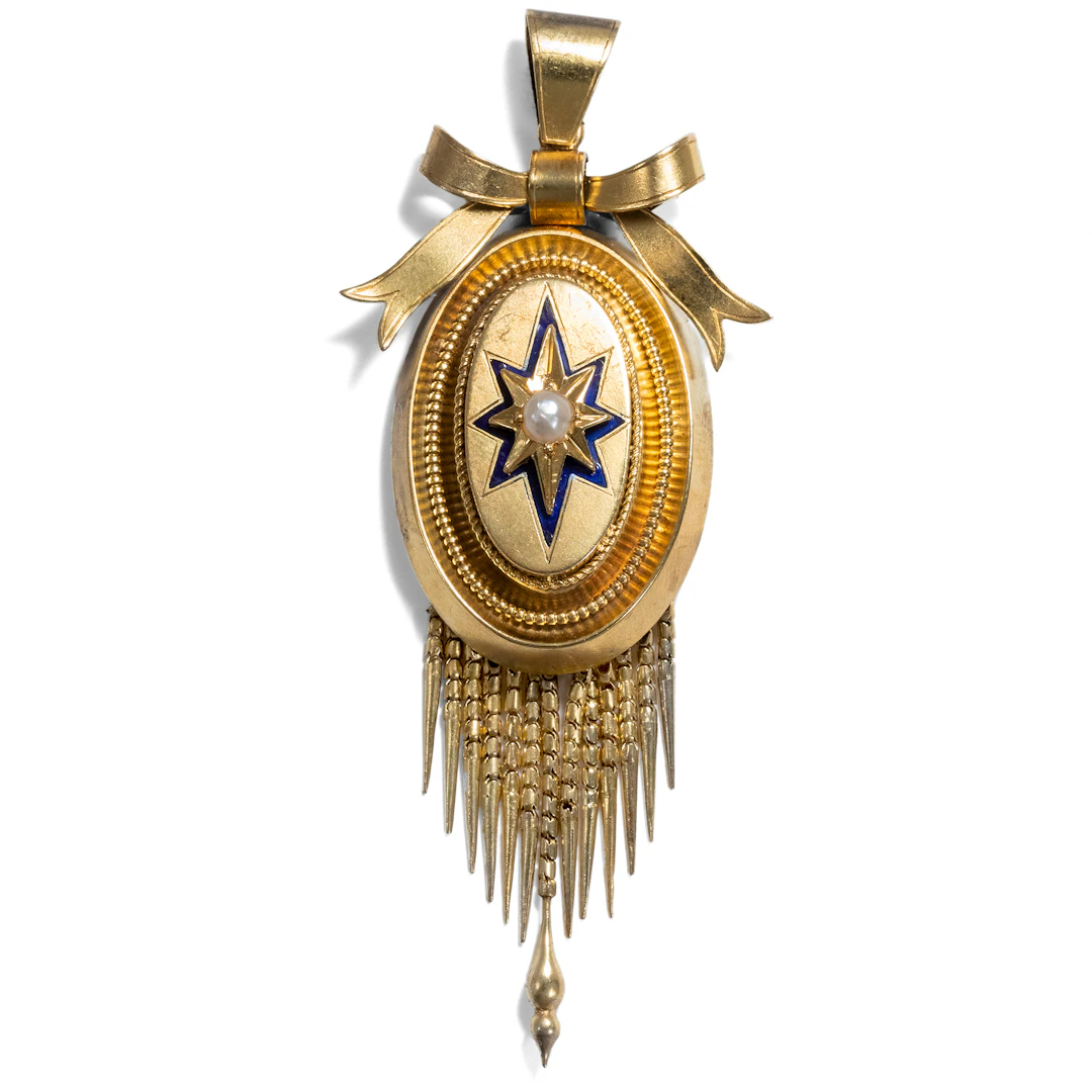 Victorian Medallion Pendant With Pearl & Blue Enamel on Gold, ca. 1875