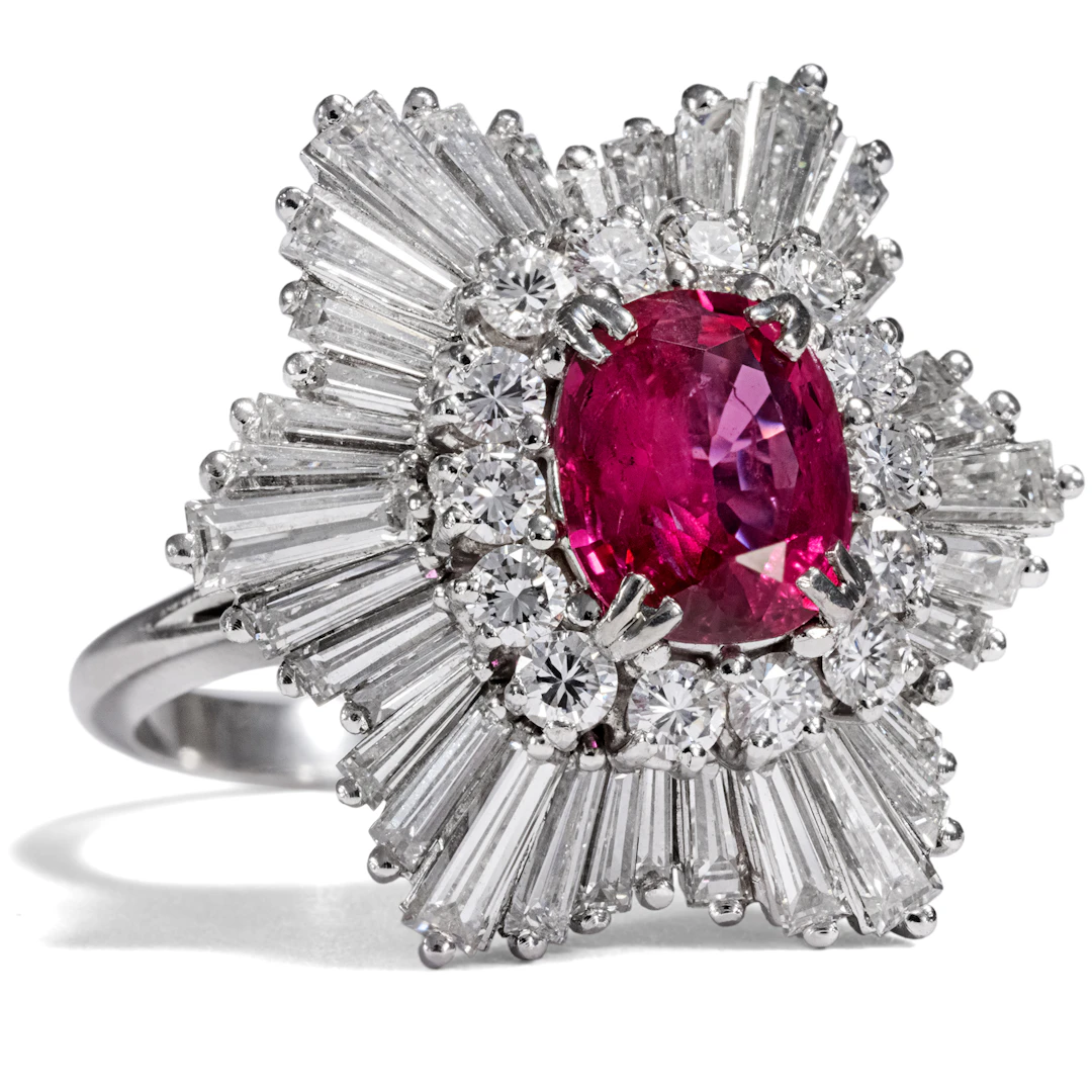Luxurious Ballerina Ring with Ruby & Diamonds Set in Platinum, ca. 1965