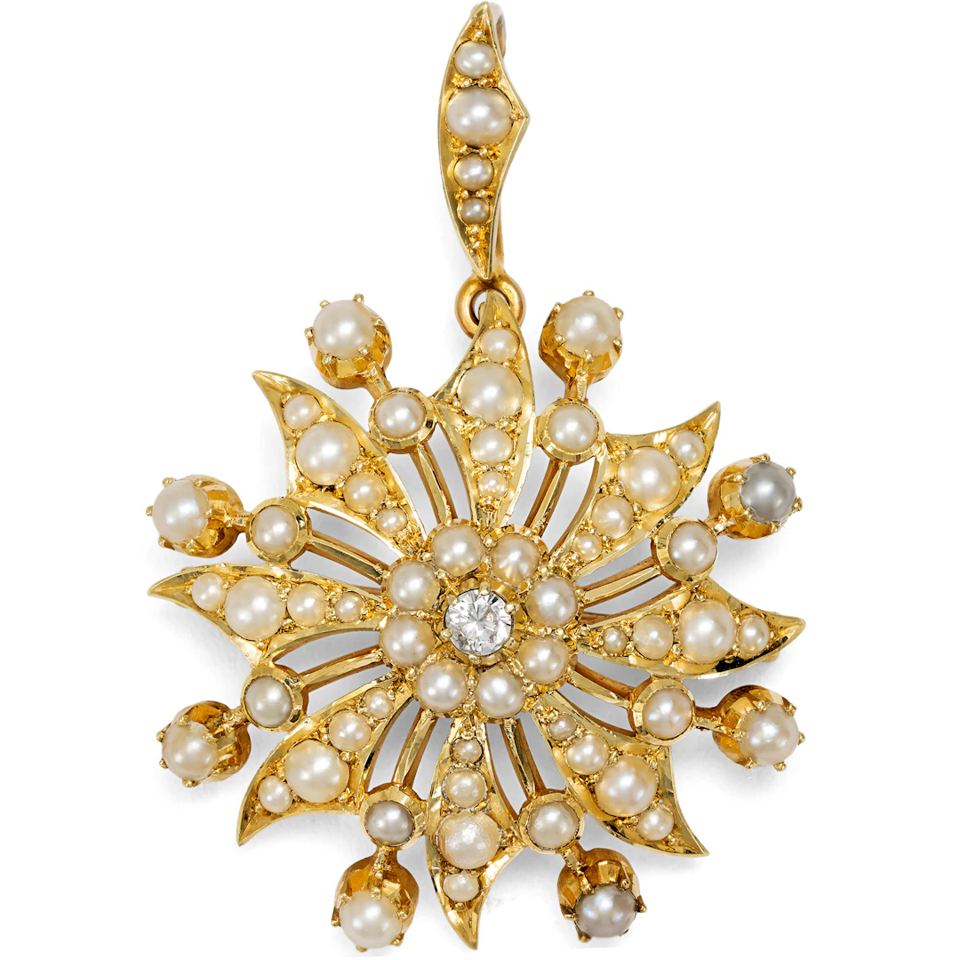 Victorian Pendant-Brooch with Pearls & Diamond in Gold, c. 1900