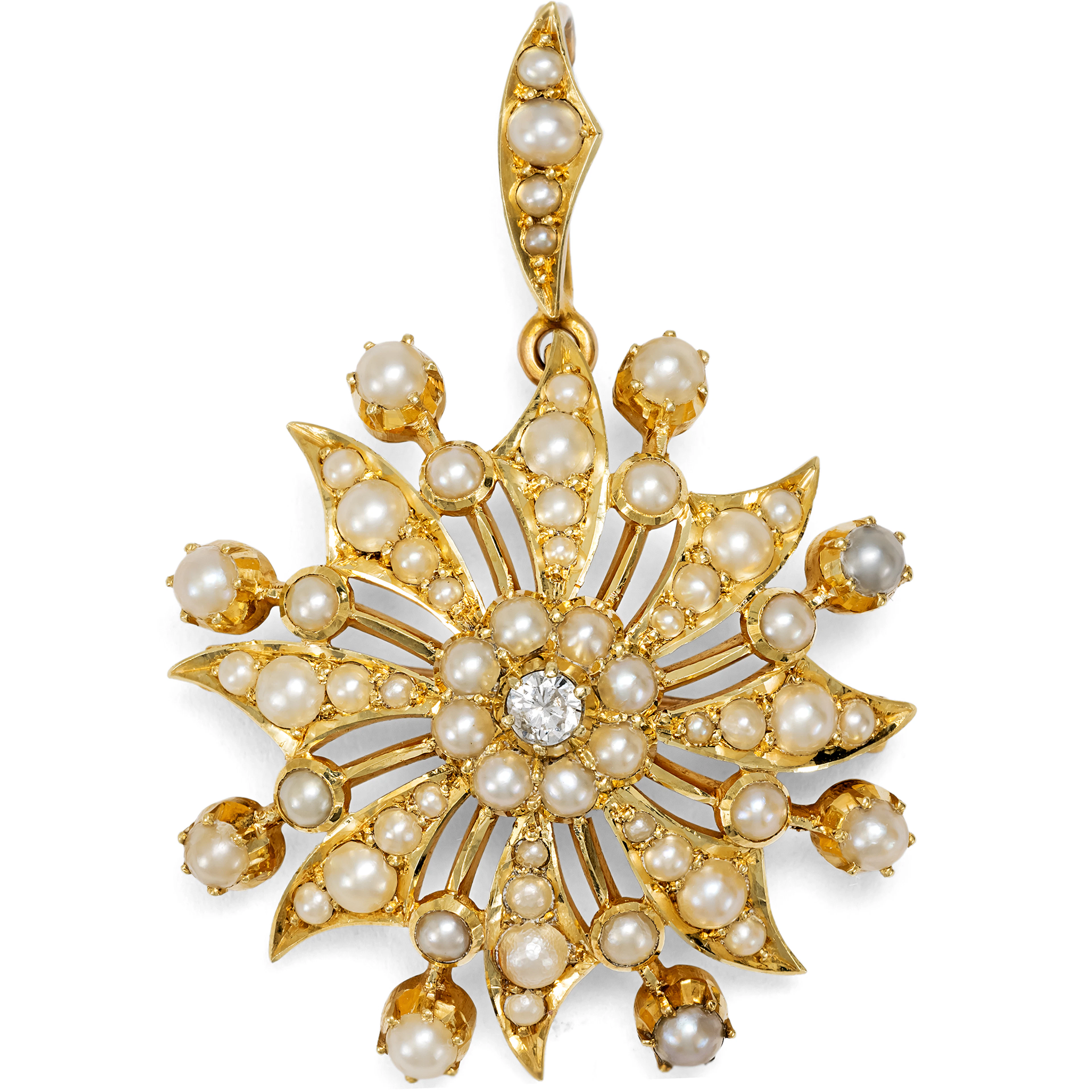 Victorian Pendant-Brooch with Pearls & Diamond in Gold, c. 1900