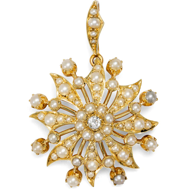 Victorian Pendant-Brooch with Pearls & Diamond in Gold, c. 1900
