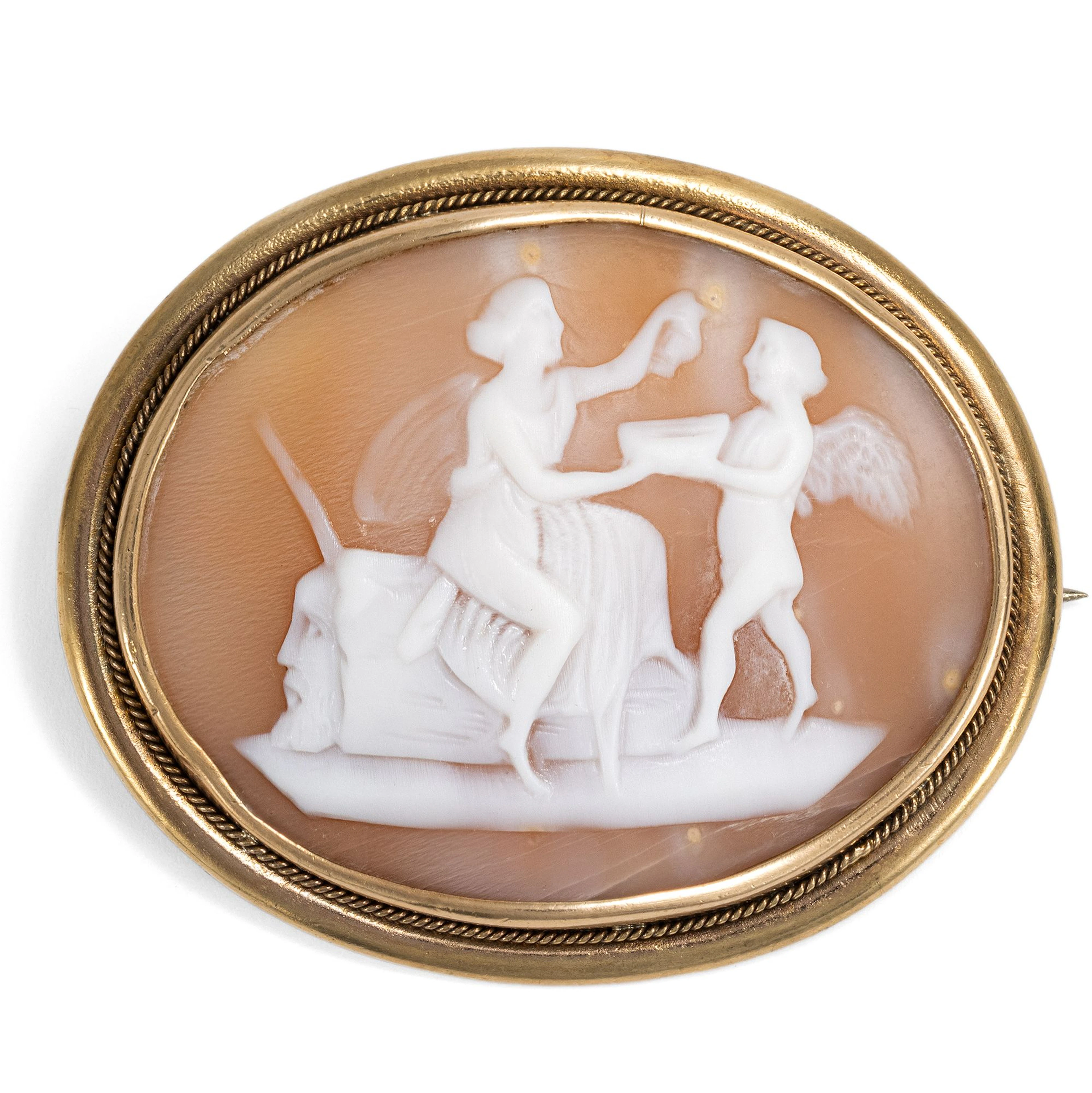 Amor und Hebe • Antike Brosche mit Muschelgemme in Tombak, um 1870