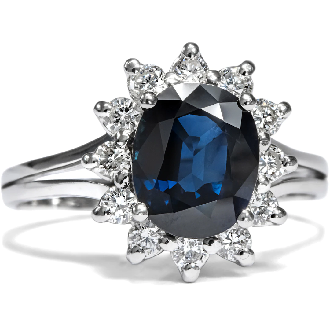 Vintage Entourage Ring With Sapphire & Diamonds in White Gold, Hamburg c. 1989
