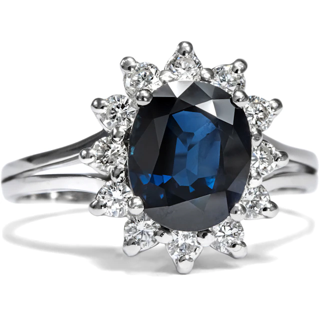 Vintage Entourage Ring With Sapphire & Diamonds in White Gold, Hamburg c. 1989