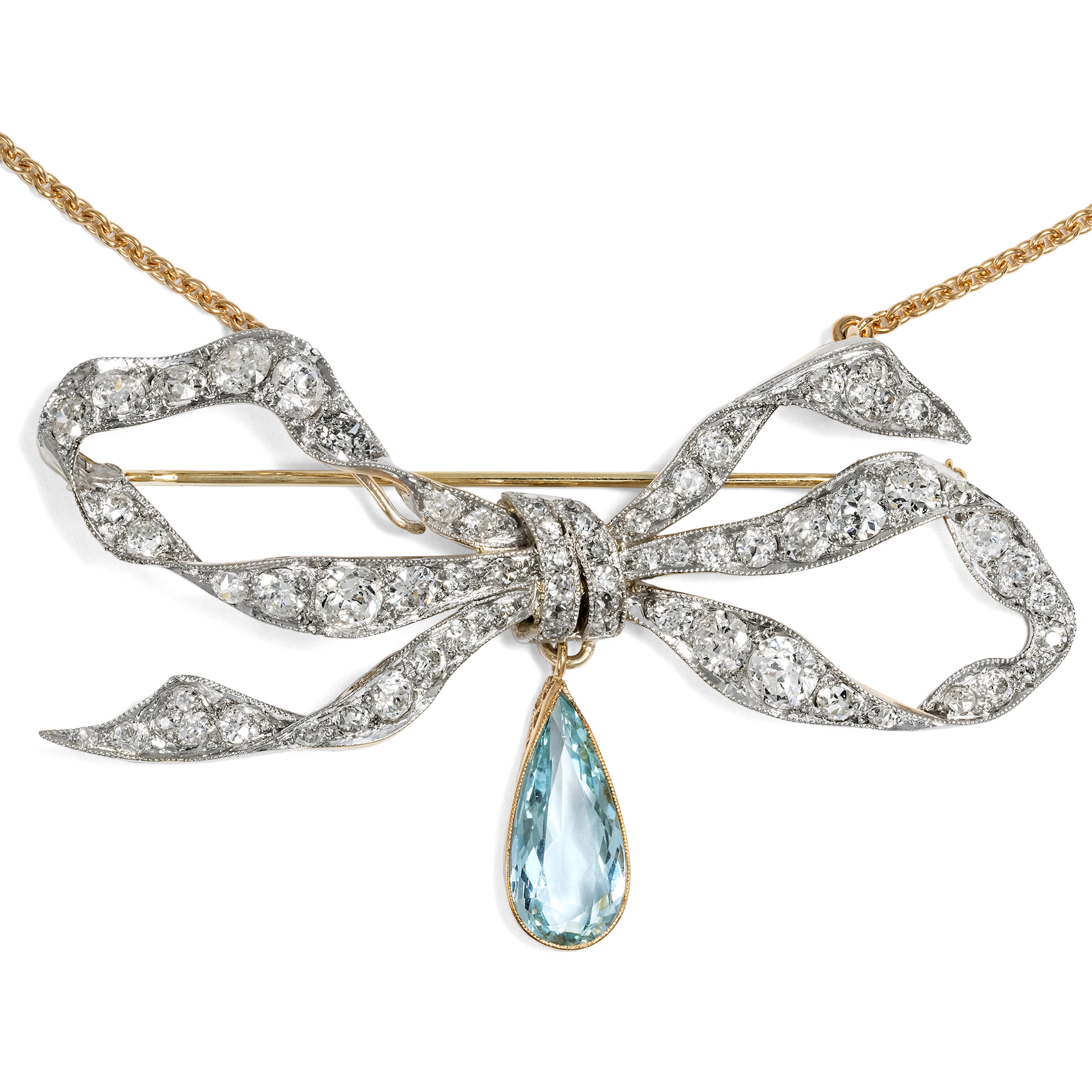 Precious Diamonds & Aquamarine Bow as a Brooch & Necklace, c. 1910