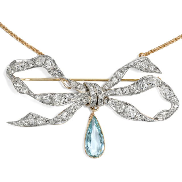 Precious Diamonds & Aquamarine Bow as a Brooch & Necklace, c. 1910