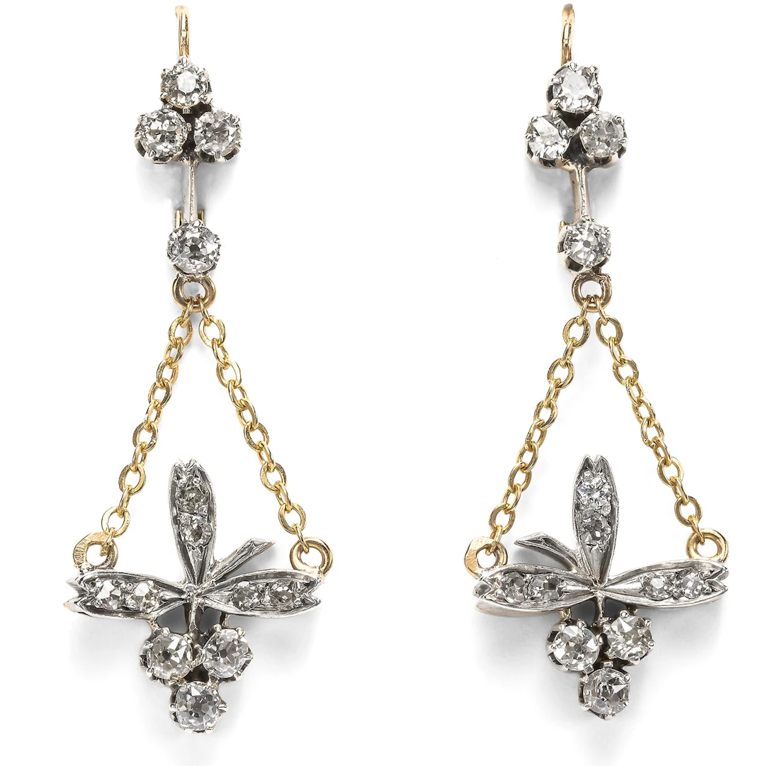 Long Earrings Made of Antique Elements with Diamonds in Gold and Silver