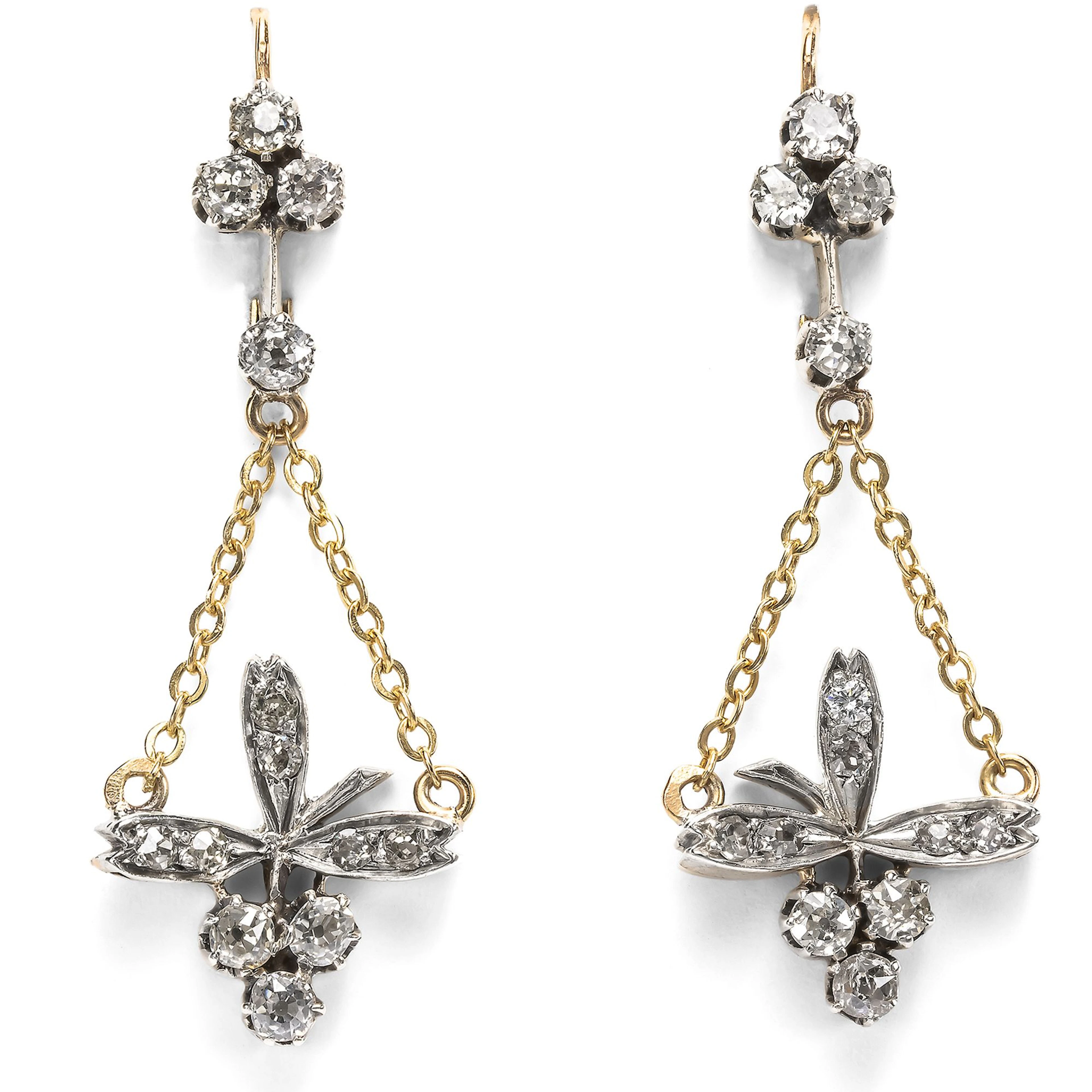 Long Earrings Made of Antique Elements with Diamonds in Gold and Silver