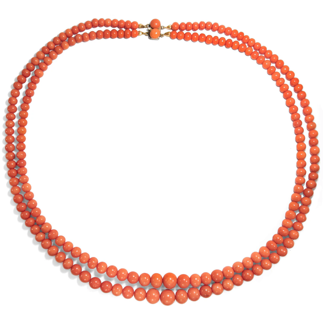 Precious Necklace Made of Mediterranean Coral in Two Strands, Circa 1900