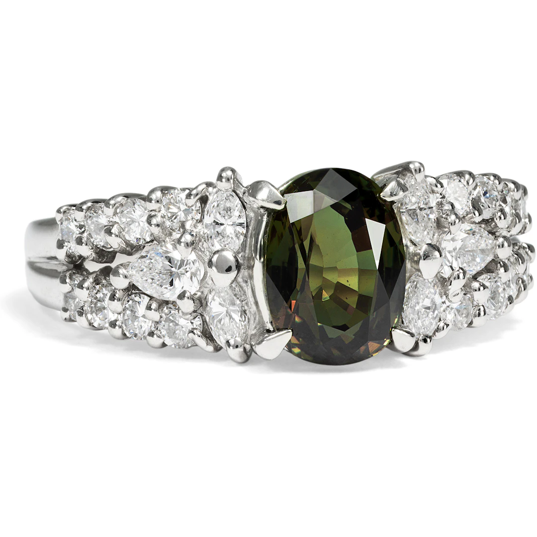 Modern Ring with a Color-Changing Natural Alexandrite and Diamonds, circa 2000