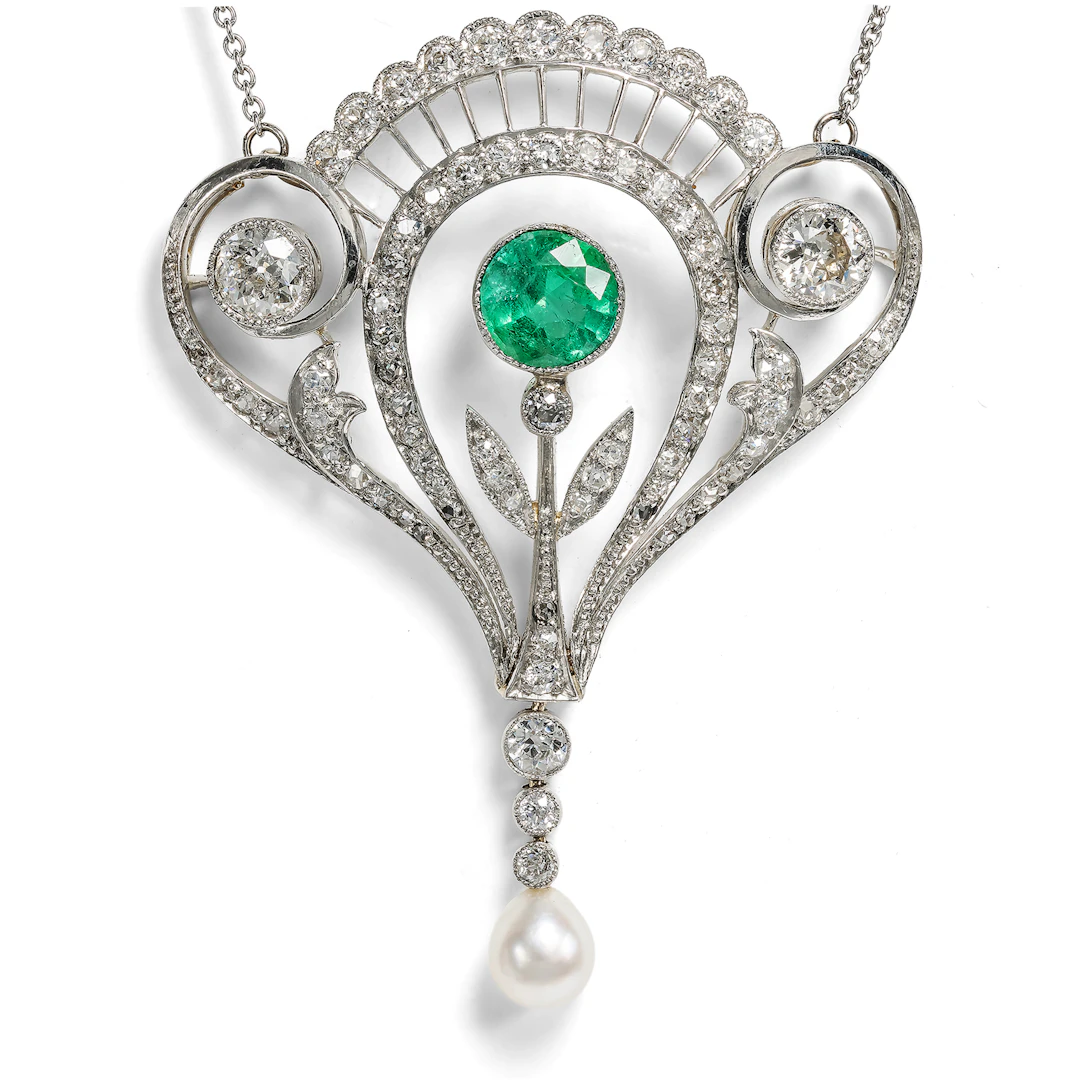 Fine Pendant Brooch with Emerald & Diamonds in Platinum, c. 1910