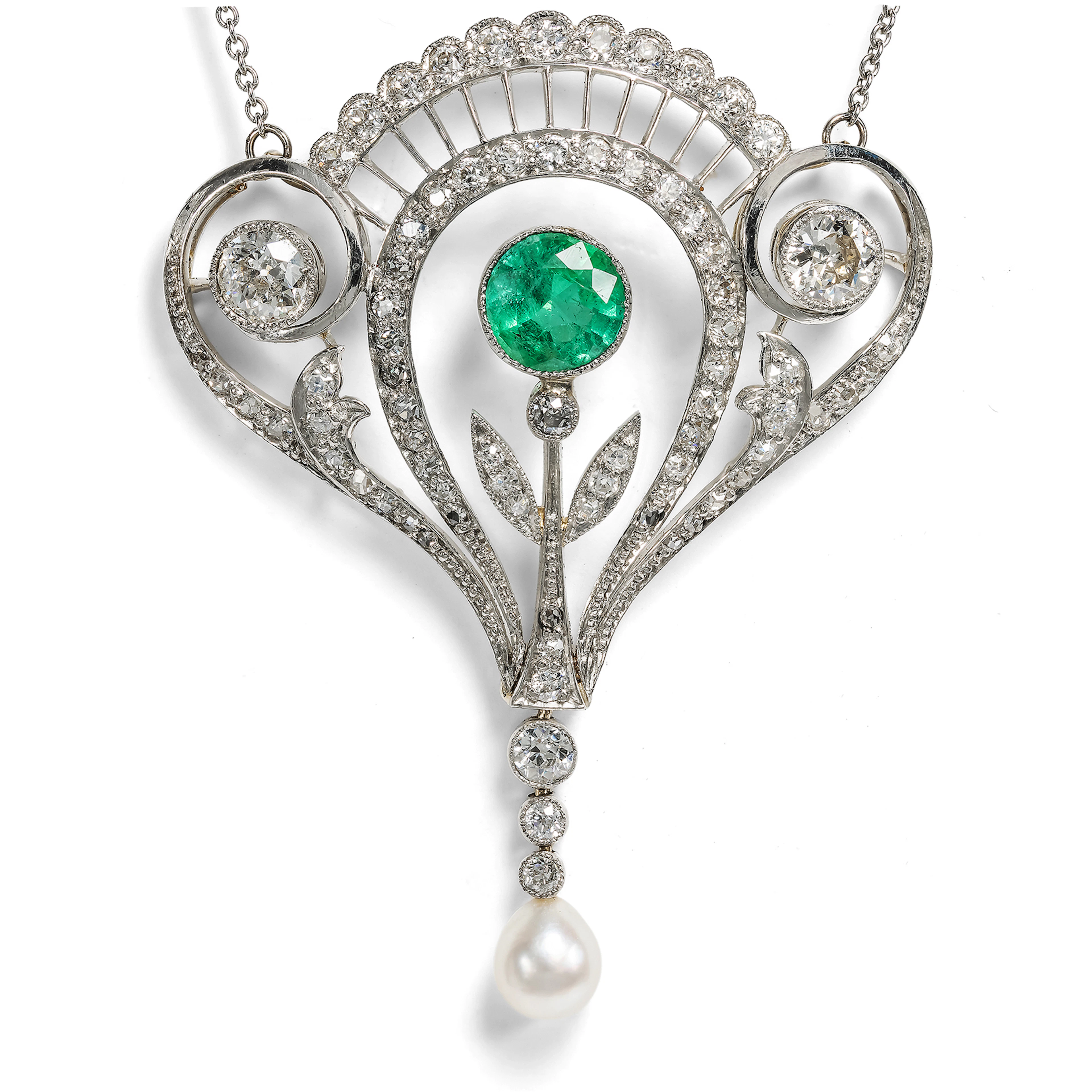 Fine Pendant Brooch with Emerald & Diamonds in Platinum, c. 1910