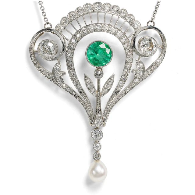 Fine Pendant Brooch with Emerald & Diamonds in Platinum, c. 1910