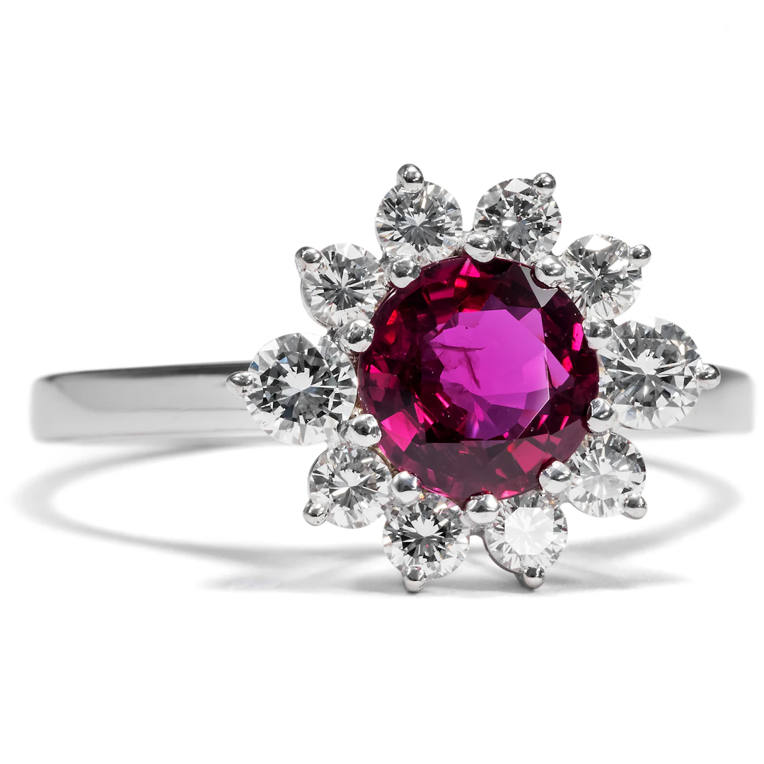 Unusual Vintage Cluster Ring With Ruby & Diamonds in White Gold, 1980s