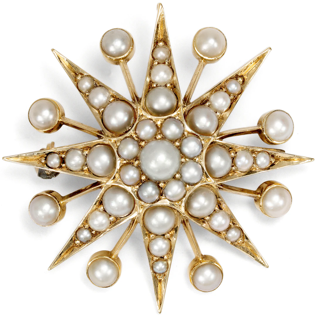 Victorian Star Brooch with Seed Pearls in Gold, British, c. 1890