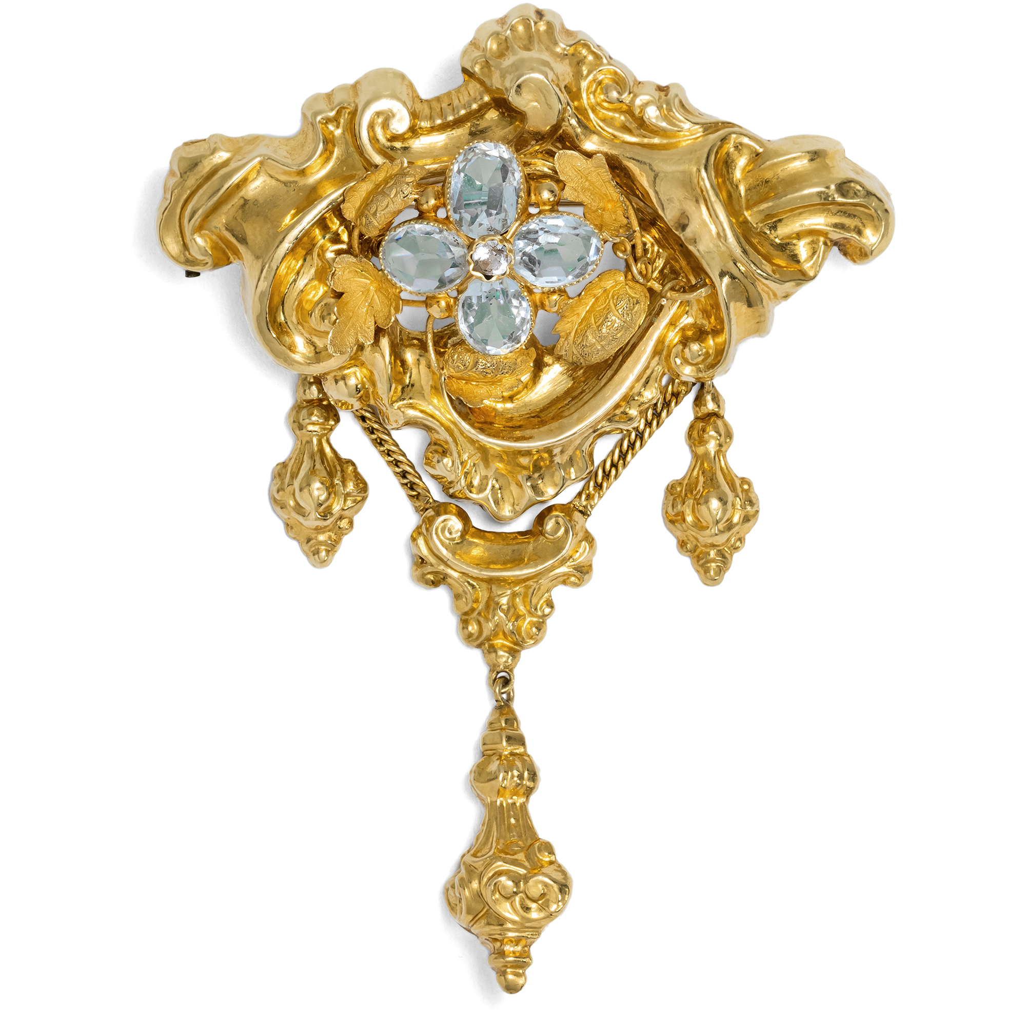 Impressive Early Victorian Gold Brooch with Aquamarines, Germany c. 1845