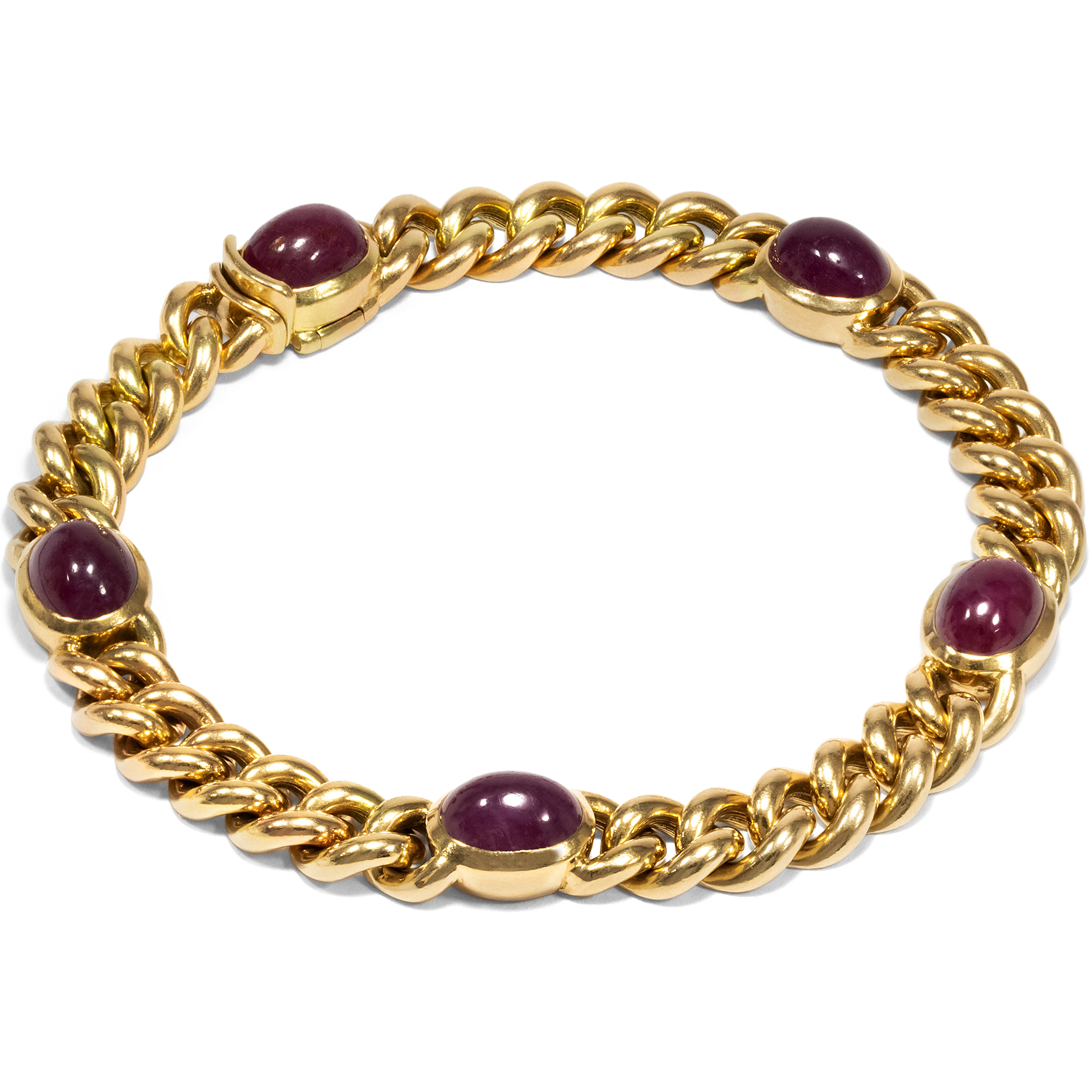 Vintage Curb Chain Bracelet Made of Gold & Rubies, Pforzheim c. 1985