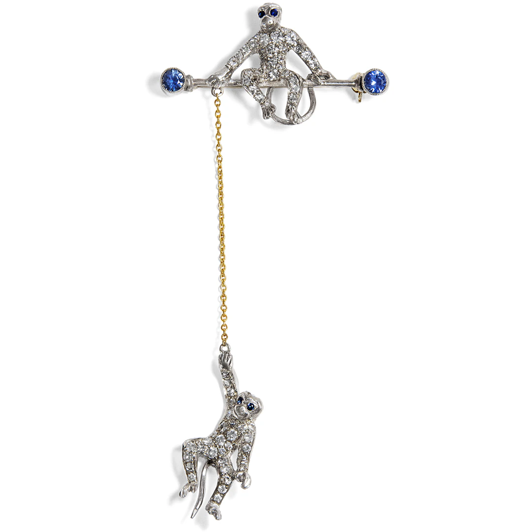 Funny Brooch In Silver & Gold With Diamonds And Sapphires, Around