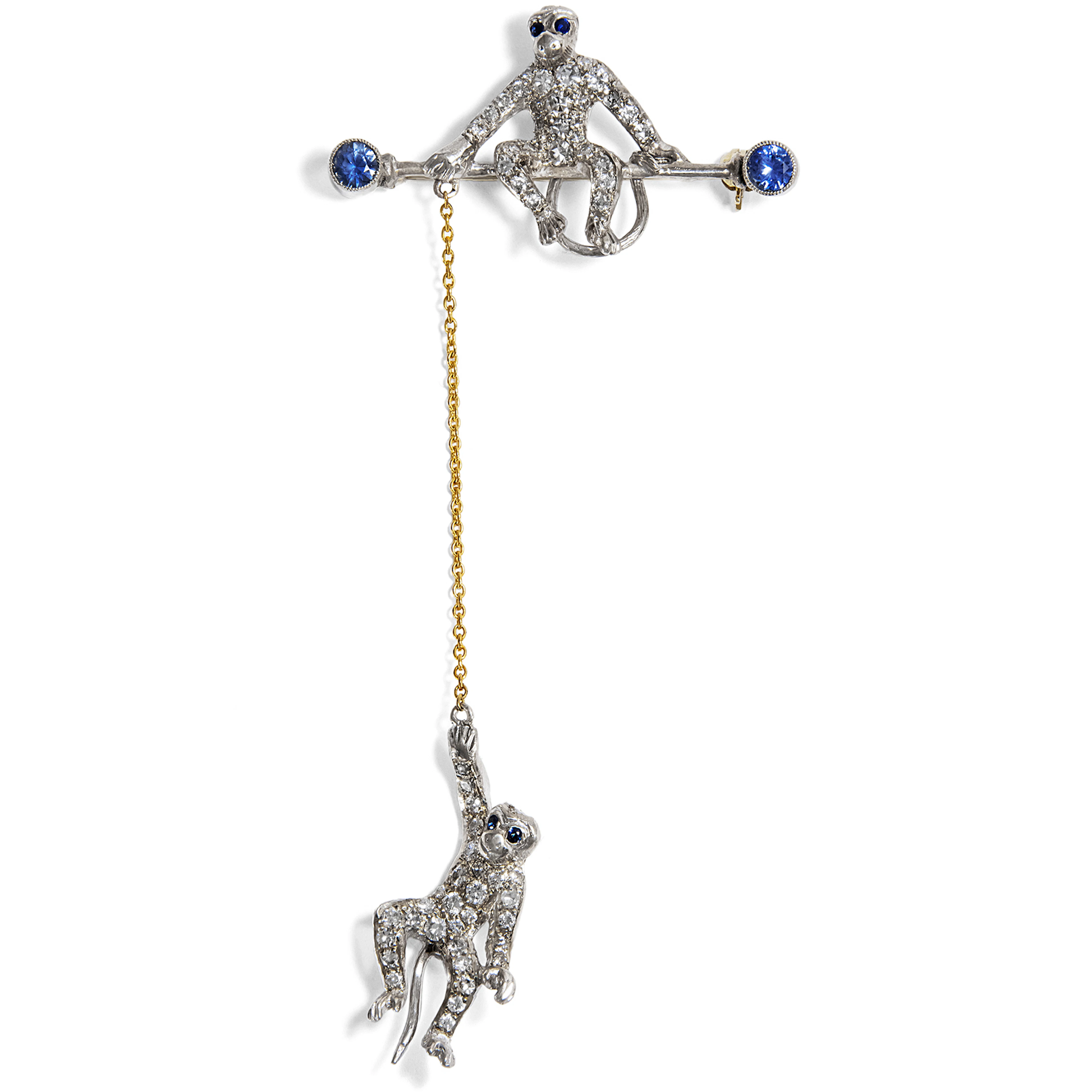 Funny Brooch In Silver & Gold With Diamonds And Sapphires, Around