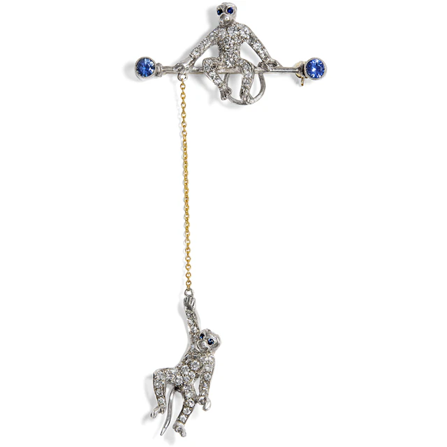 Funny Brooch In Silver & Gold With Diamonds And Sapphires, Around