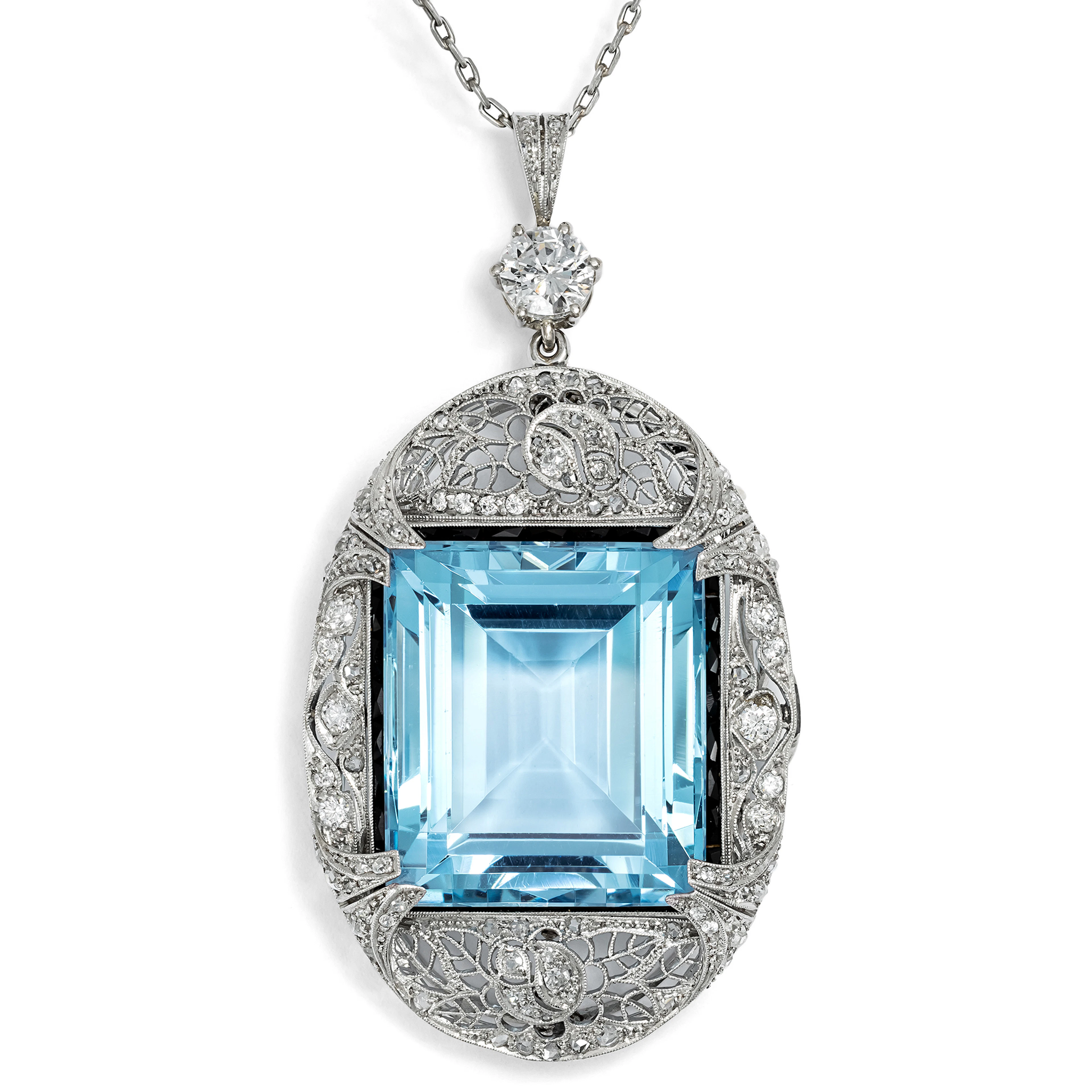 Large Pendant-Brooch with Excellent Aquamarine in Platinum, c. 1925