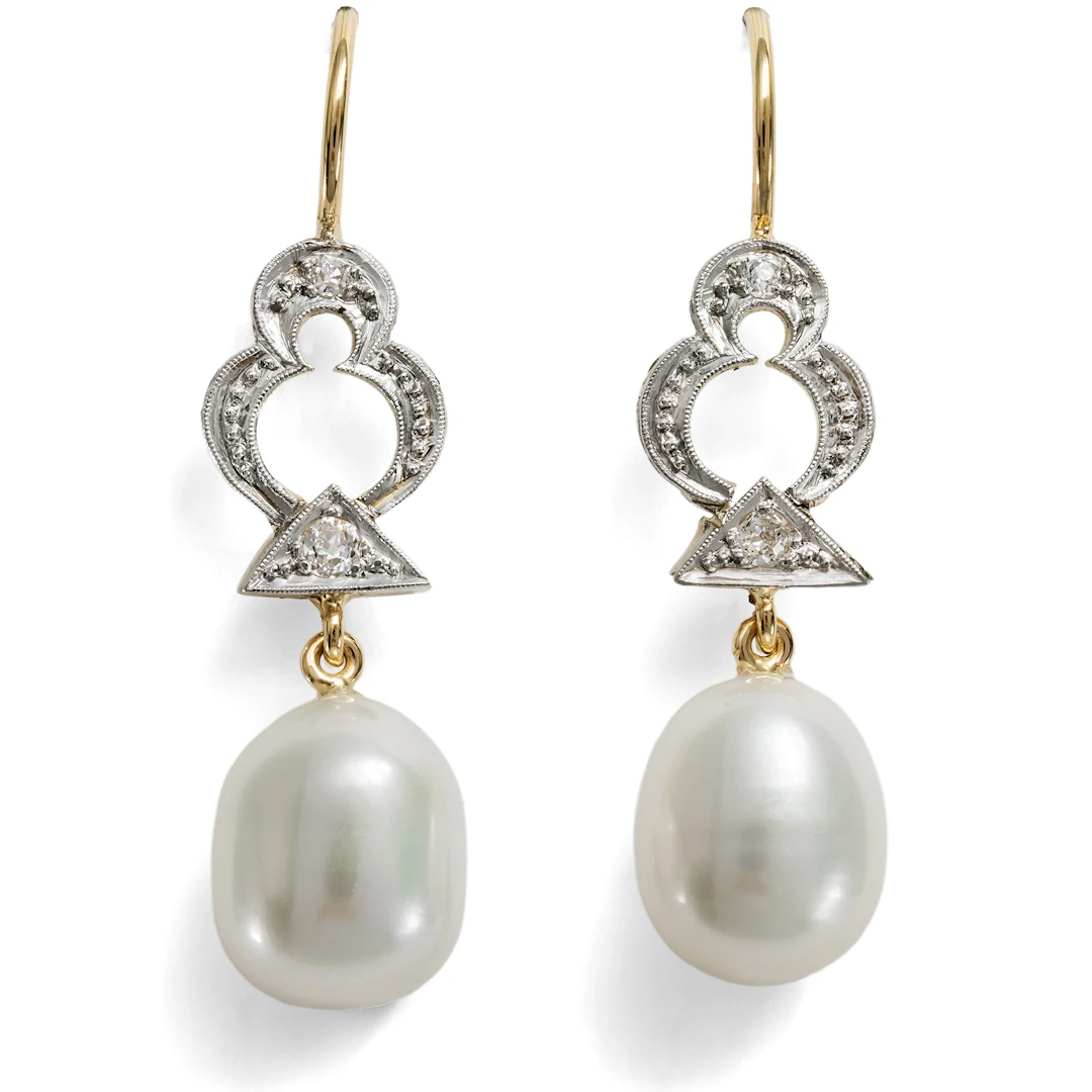 Earrings Made from Antique Elements with Diamonds & Pearls, from Our Workshop