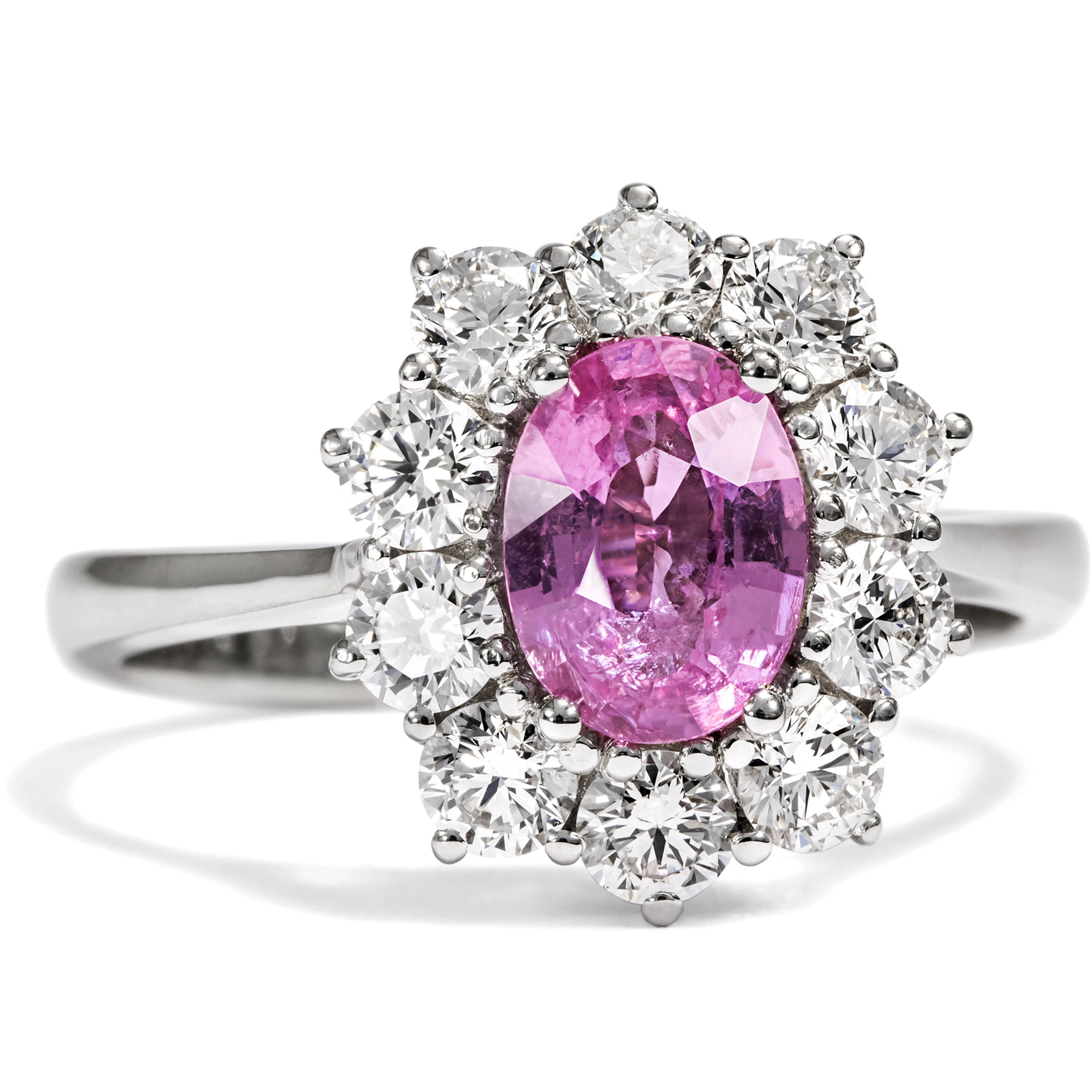 Unusual Entourage Ring with Pink Sapphire & Diamonds in White Gold