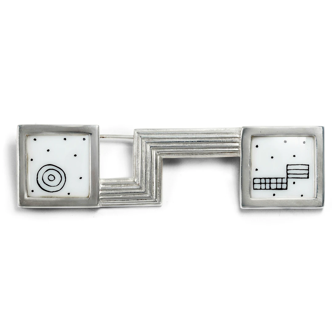 Elegant Brooch in Silver & Porcelain after Josef Hoffmann, Augarten