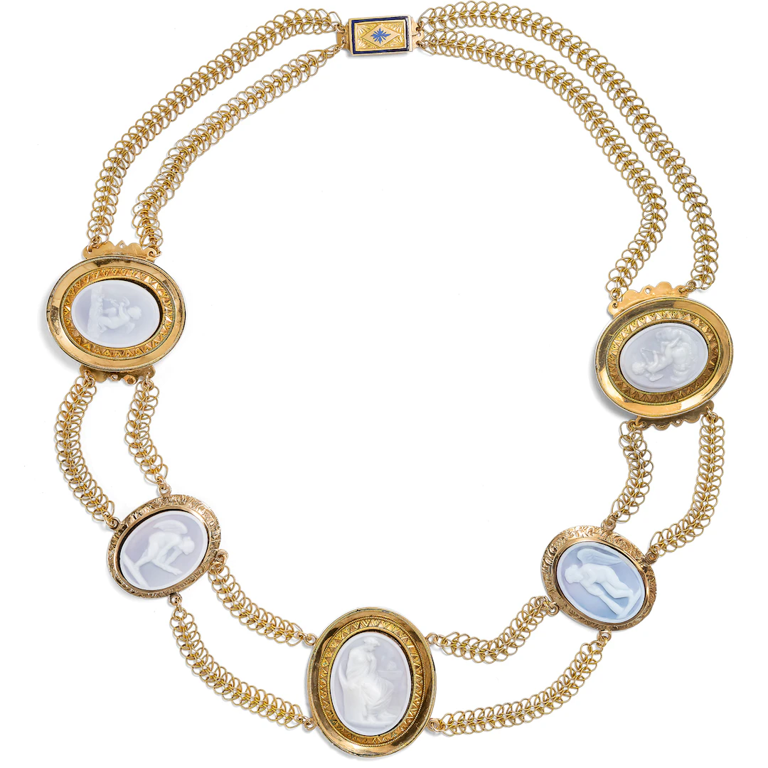 Romantic Gold Necklace with Hardstone Cameos, ca. 1820 & Later
