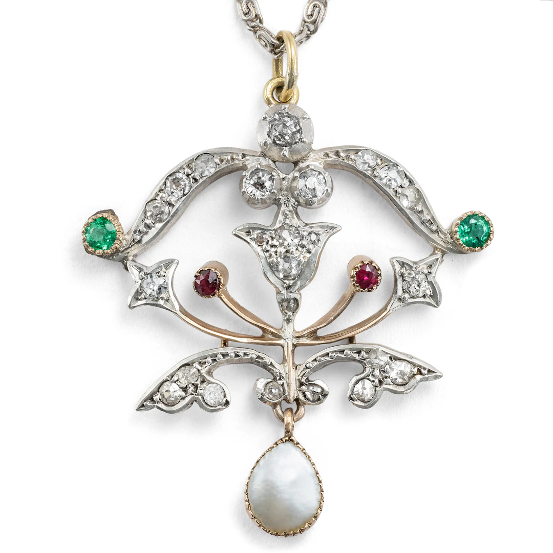 Delicate Pendant with Rubies, Emeralds & Diamonds, c. 1900