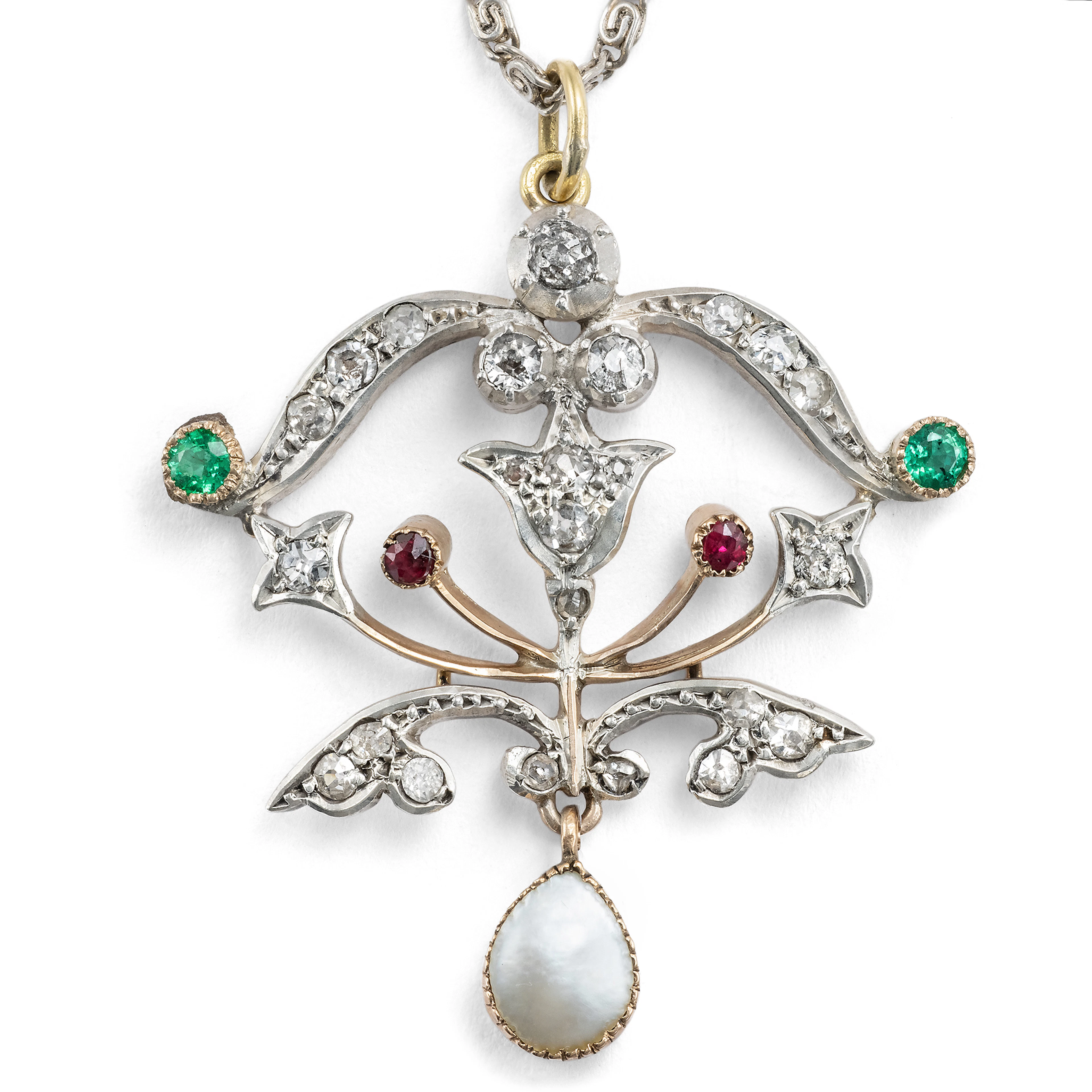 Delicate Pendant with Rubies, Emeralds & Diamonds, c. 1900