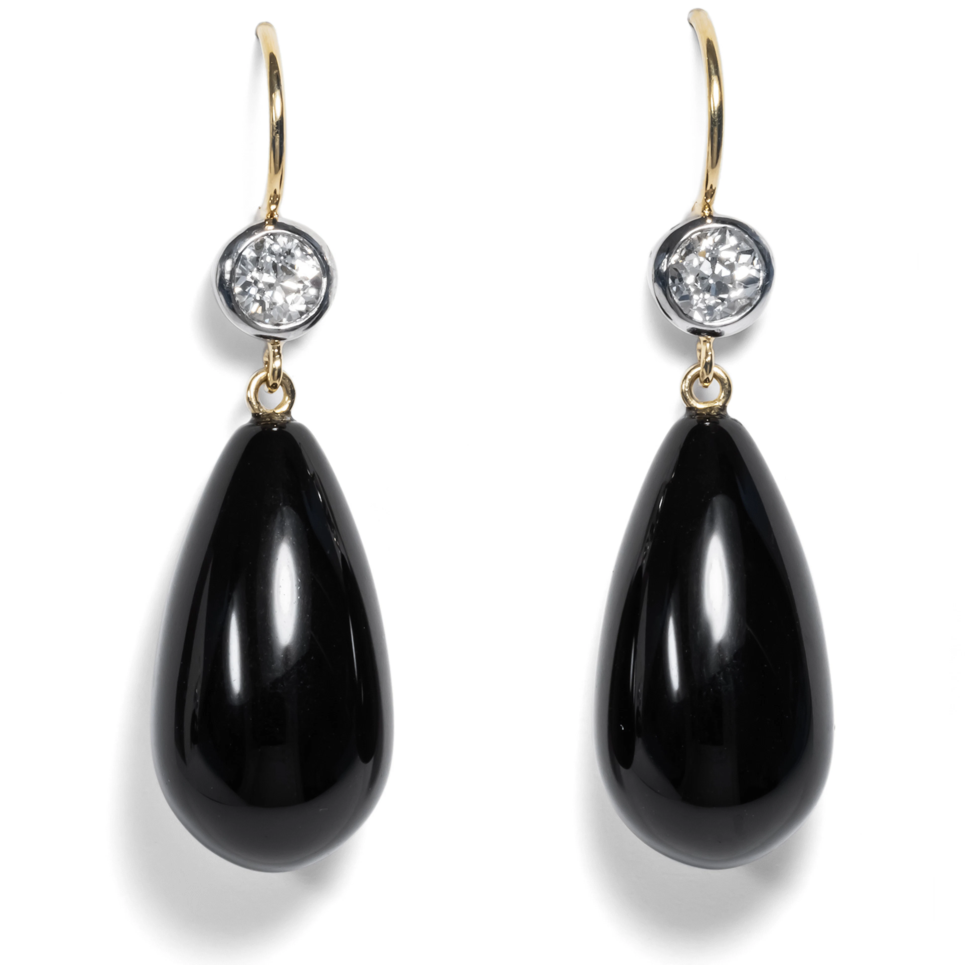 Elegant Earrings of Onyx & Old European Cut Diamonds in Gold & Platinum