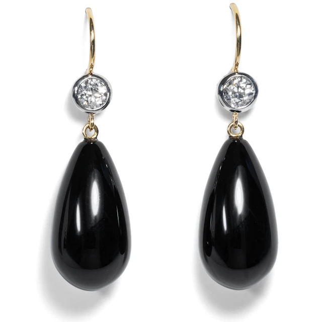 Elegant Earrings of Onyx & Old European Cut Diamonds in Gold & Platinum