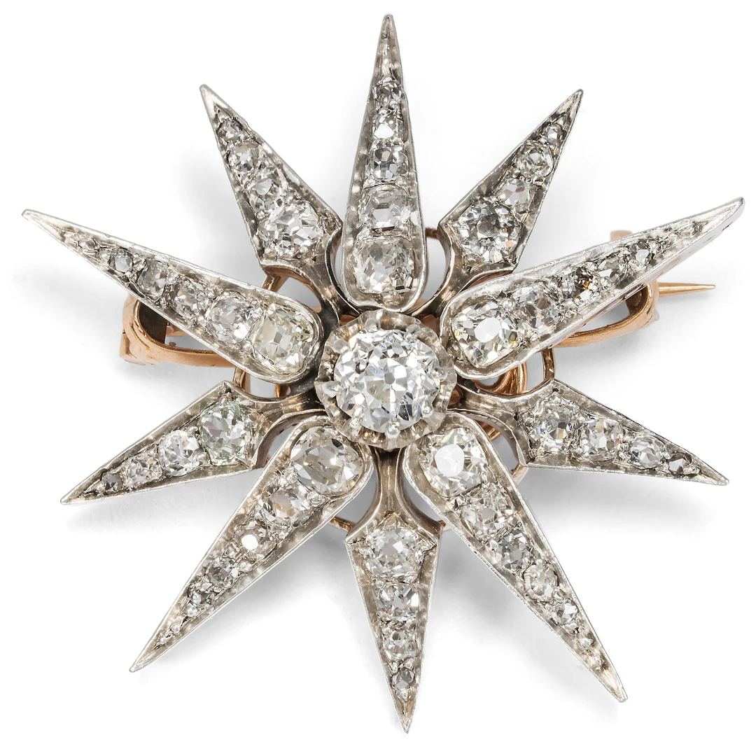 Precious Star-Shaped Diamond Brooch in Gold & Silver, c. 1880