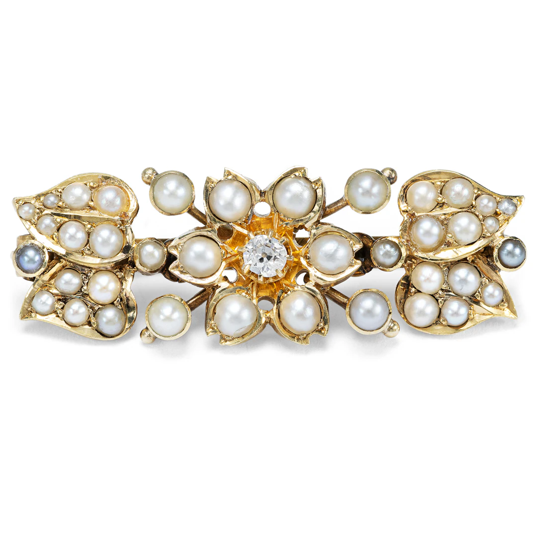 Victorian Gold Brooch with Diamond & Natural Pearls, c. 1900 & Later