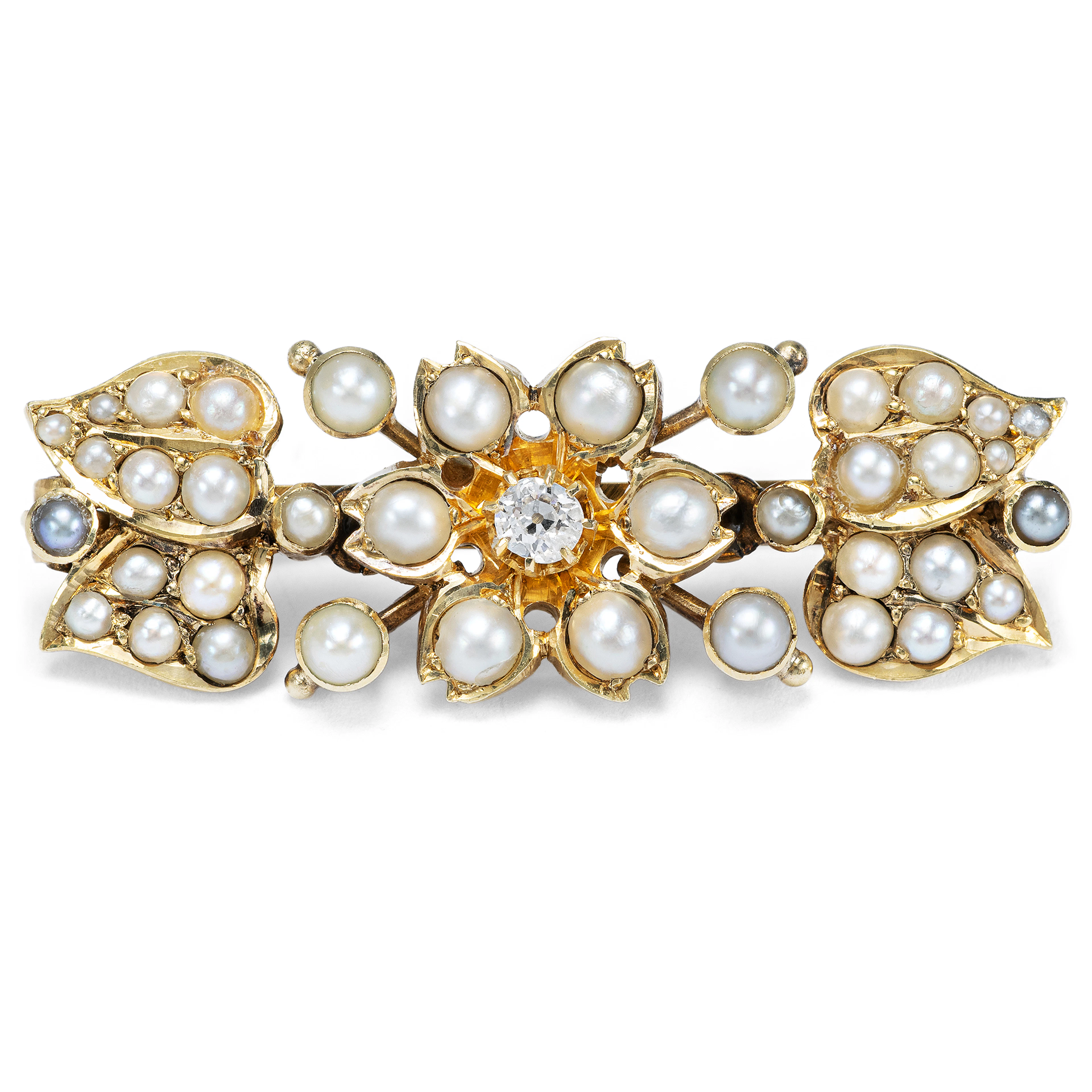 Victorian Gold Brooch with Diamond & Natural Pearls, c. 1900 & Later