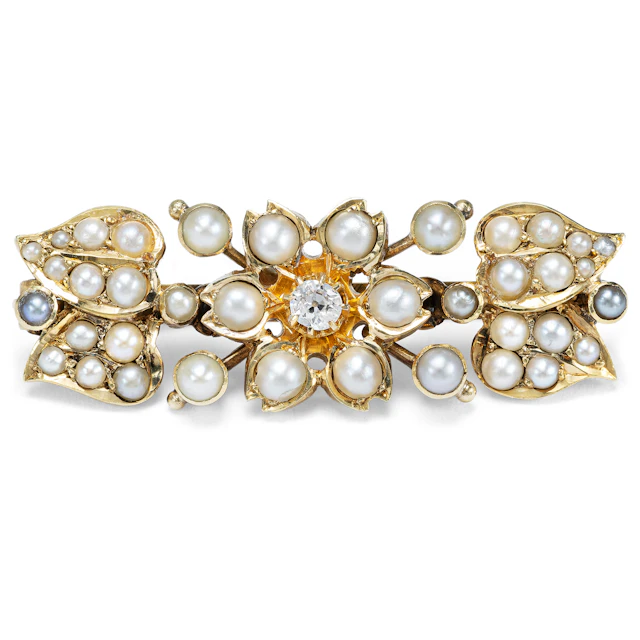 Victorian Gold Brooch with Diamond & Natural Pearls, c. 1900 & Later
