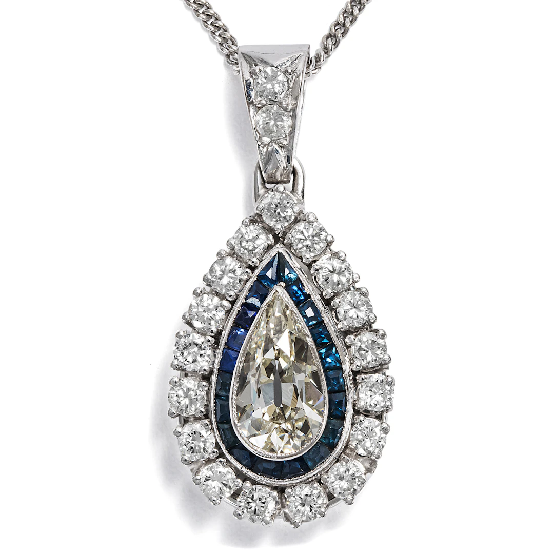 Vintage Pendant With An Antique Drop-Cut Diamond, Sapphires & Brilliants