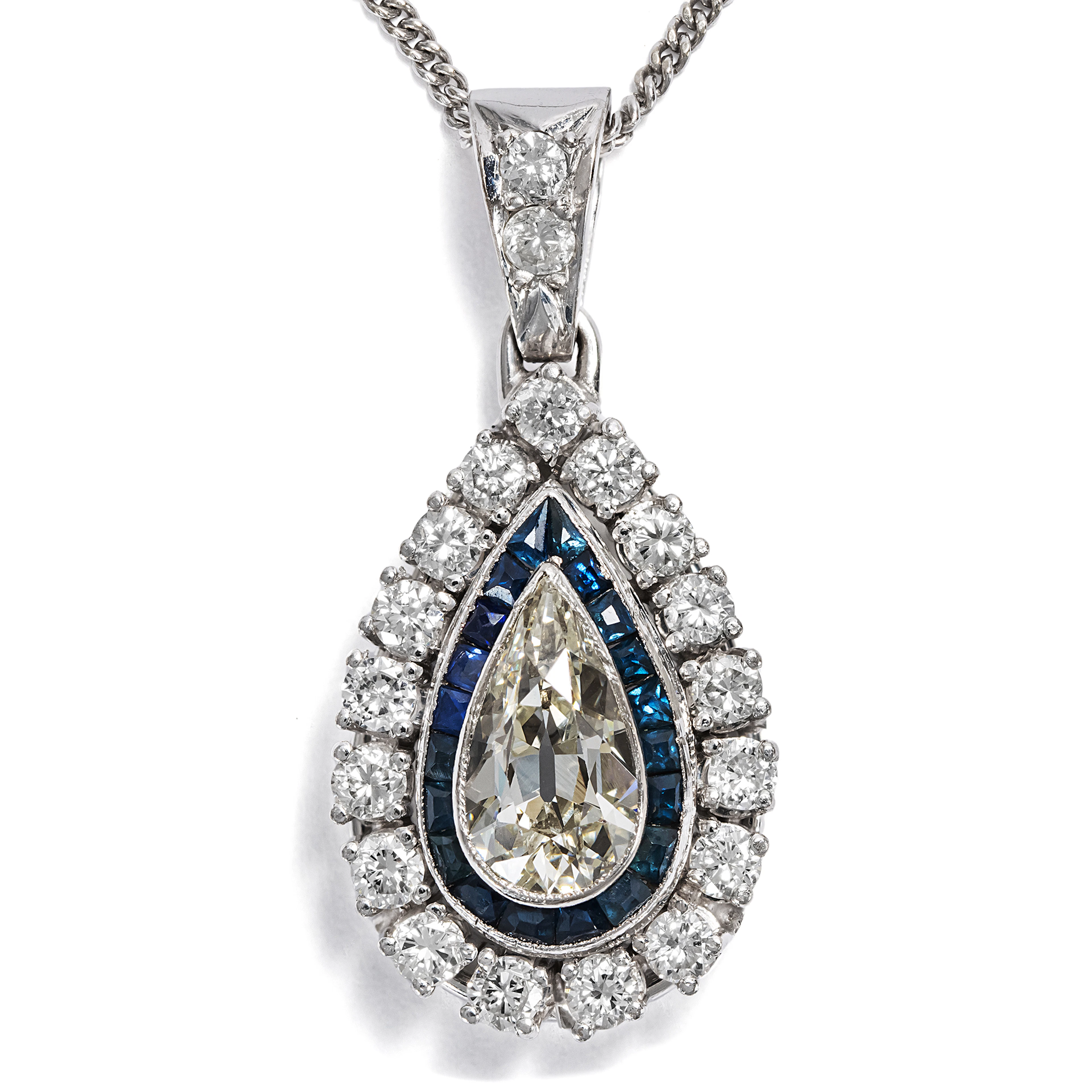 Vintage Pendant With An Antique Drop-Cut Diamond, Sapphires & Brilliants