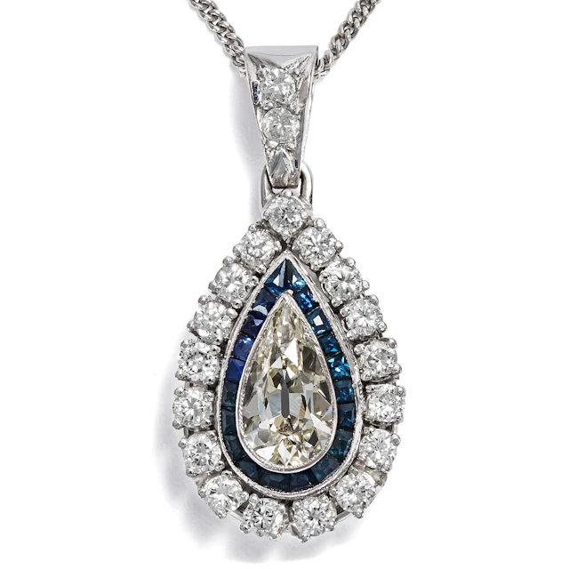Vintage Pendant With An Antique Drop-Cut Diamond, Sapphires & Brilliants