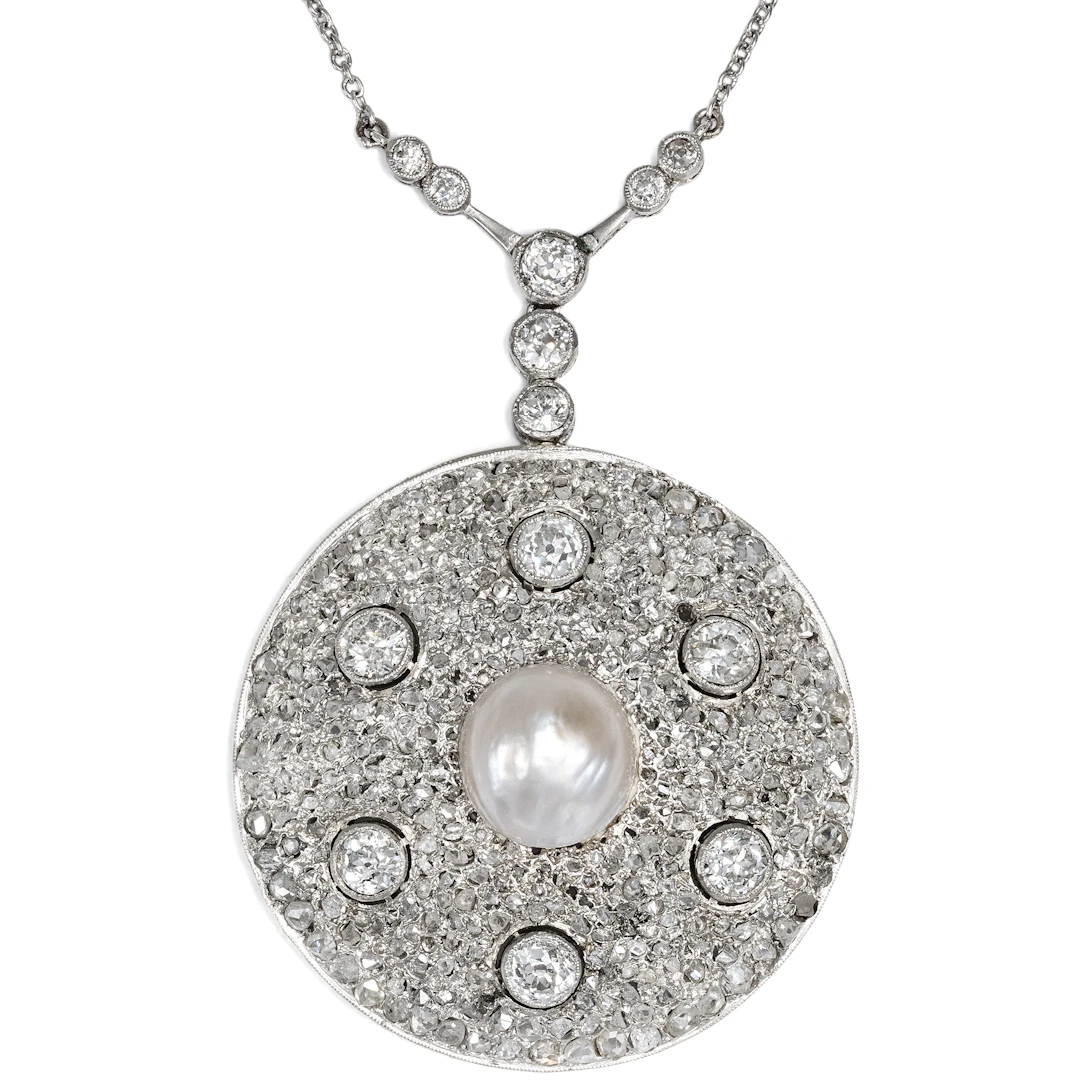 Elegant Art Deco Platinum Necklace with Diamonds & Pearl, c. 1930