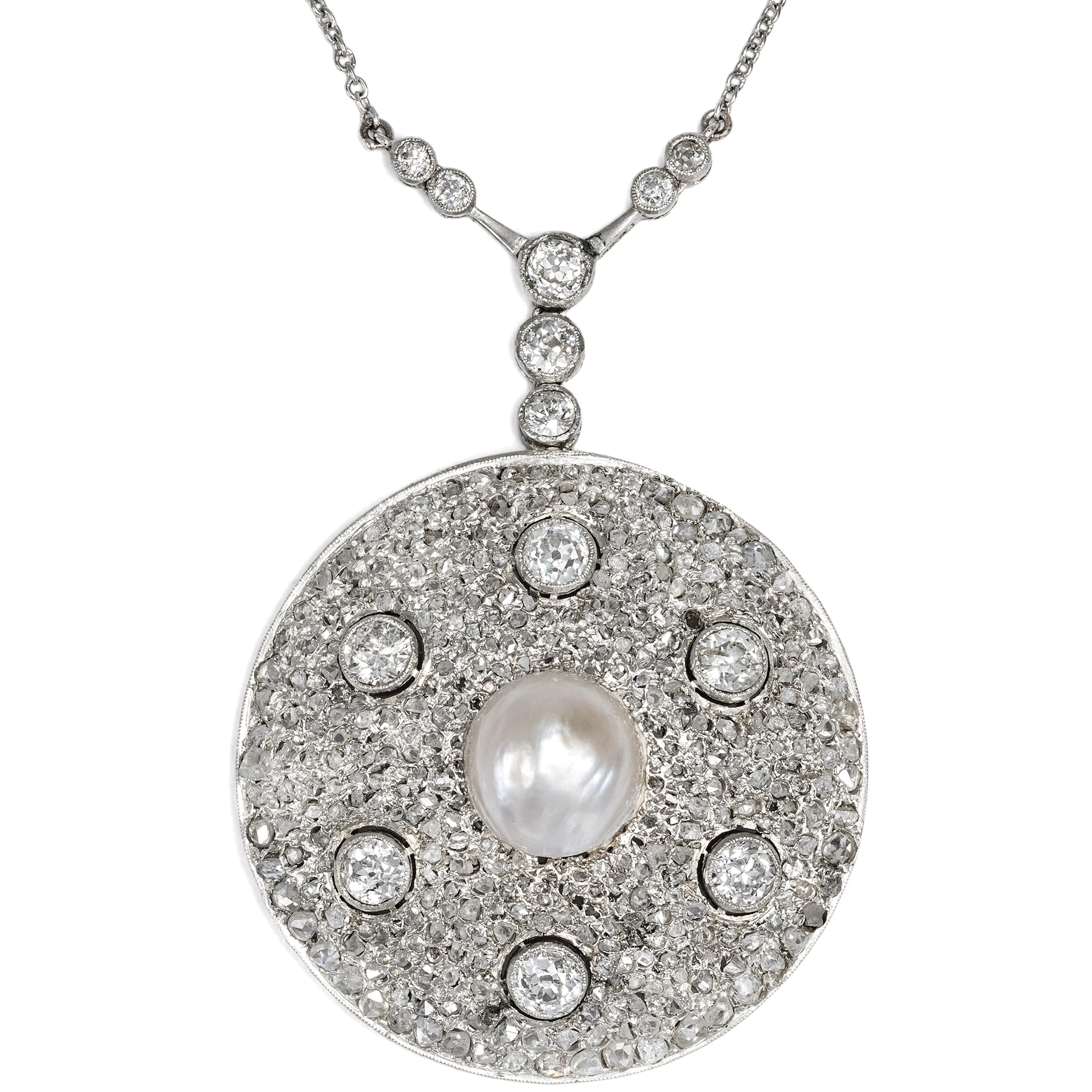 Elegant Art Deco Platinum Necklace with Diamonds & Pearl, c. 1930