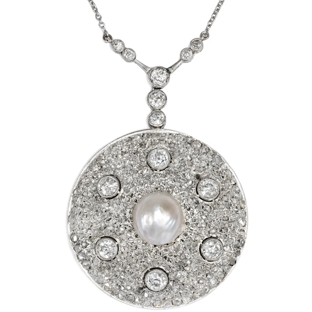 Elegant Art Deco Platinum Necklace with Diamonds & Pearl, c. 1930