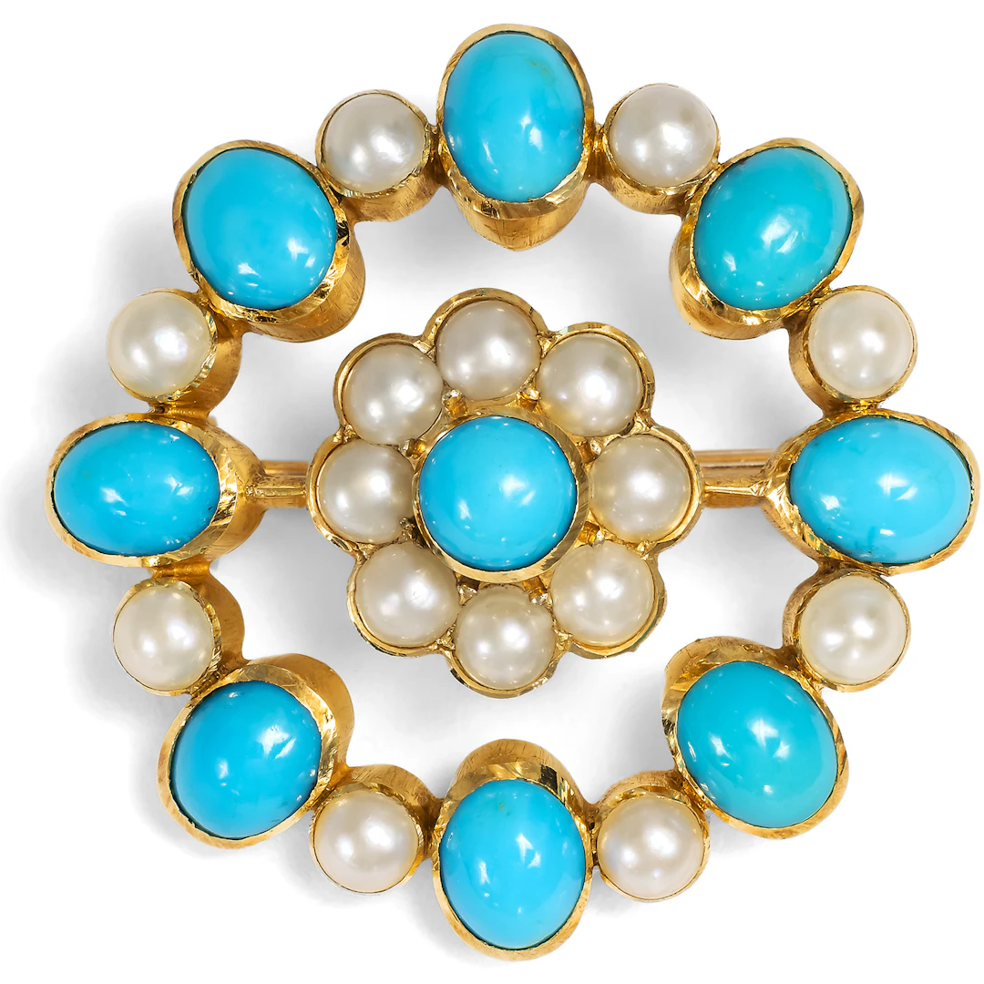 Antique Brooch with Turquoises and Pearls in Gold, British, c. 1890s